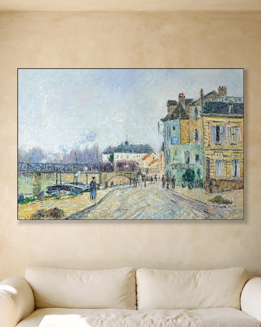 De kade van de Oise bij Pontoise in een aluminium frame aan dezelfde muur
