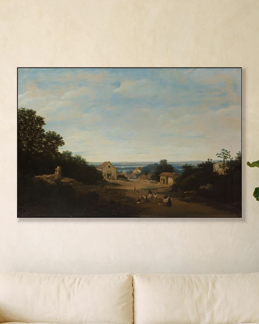 Dorpsgezicht met verre horizon in een aluminium frame aan dezelfde muur