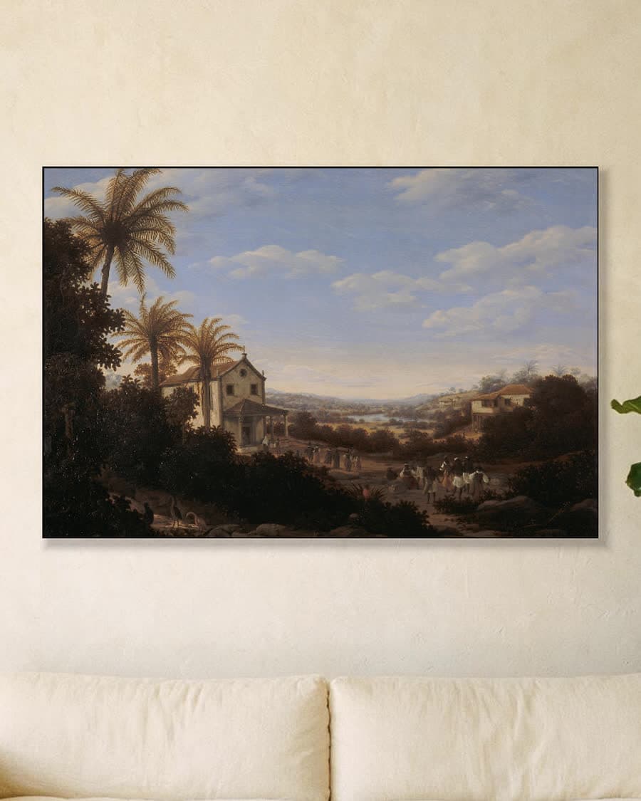Tropisch dorpsgezicht met palmbomen in een aluminium frame aan dezelfde muur