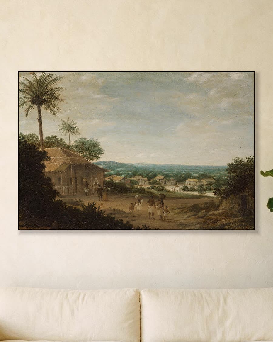 Tropisch dorpsleven in een aluminium frame aan dezelfde muur