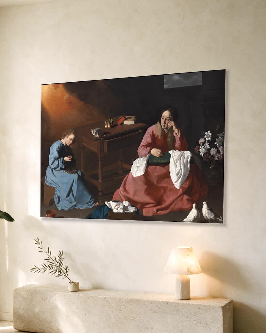 Christus en Maria in het huis te Nazareth in een aluminium frame aan dezelfde muur