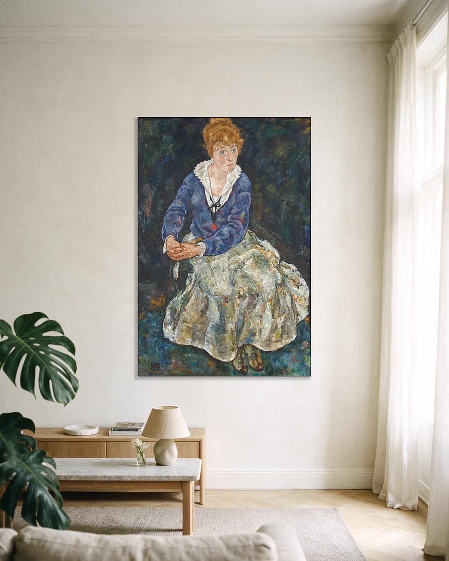 Portret van Edith Schiele, de vrouw van de kunstenaar in een aluminium frame aan dezelfde muur