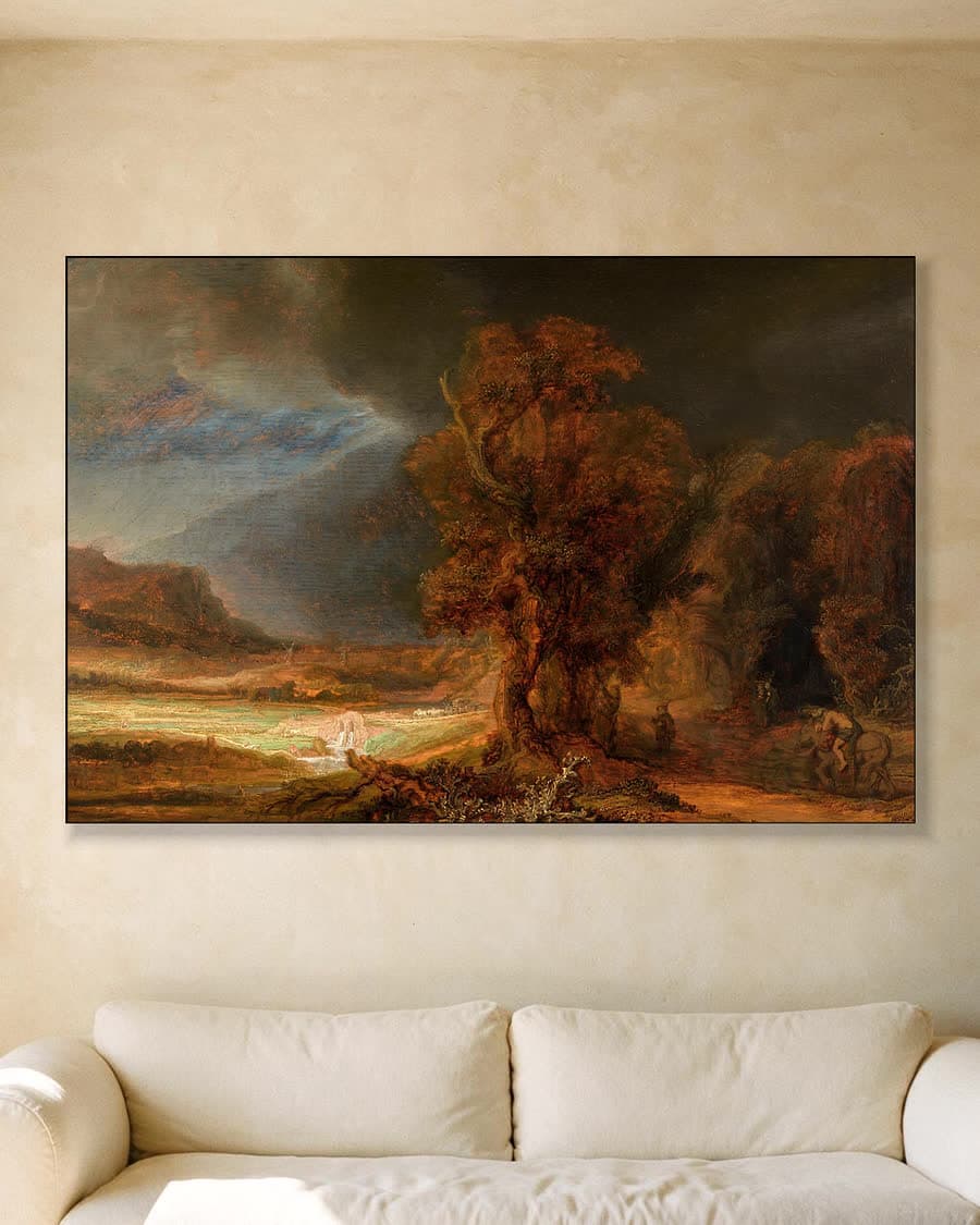 Dramatisch Landschap met Reizigers in een aluminium frame aan dezelfde muur