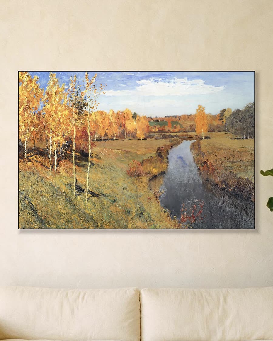 Gouden herfst aan de rivier in een aluminium frame aan dezelfde muur