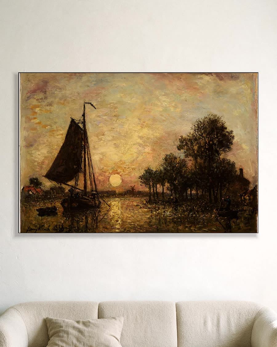 Avondgloed boven het water in een aluminium frame aan dezelfde muur