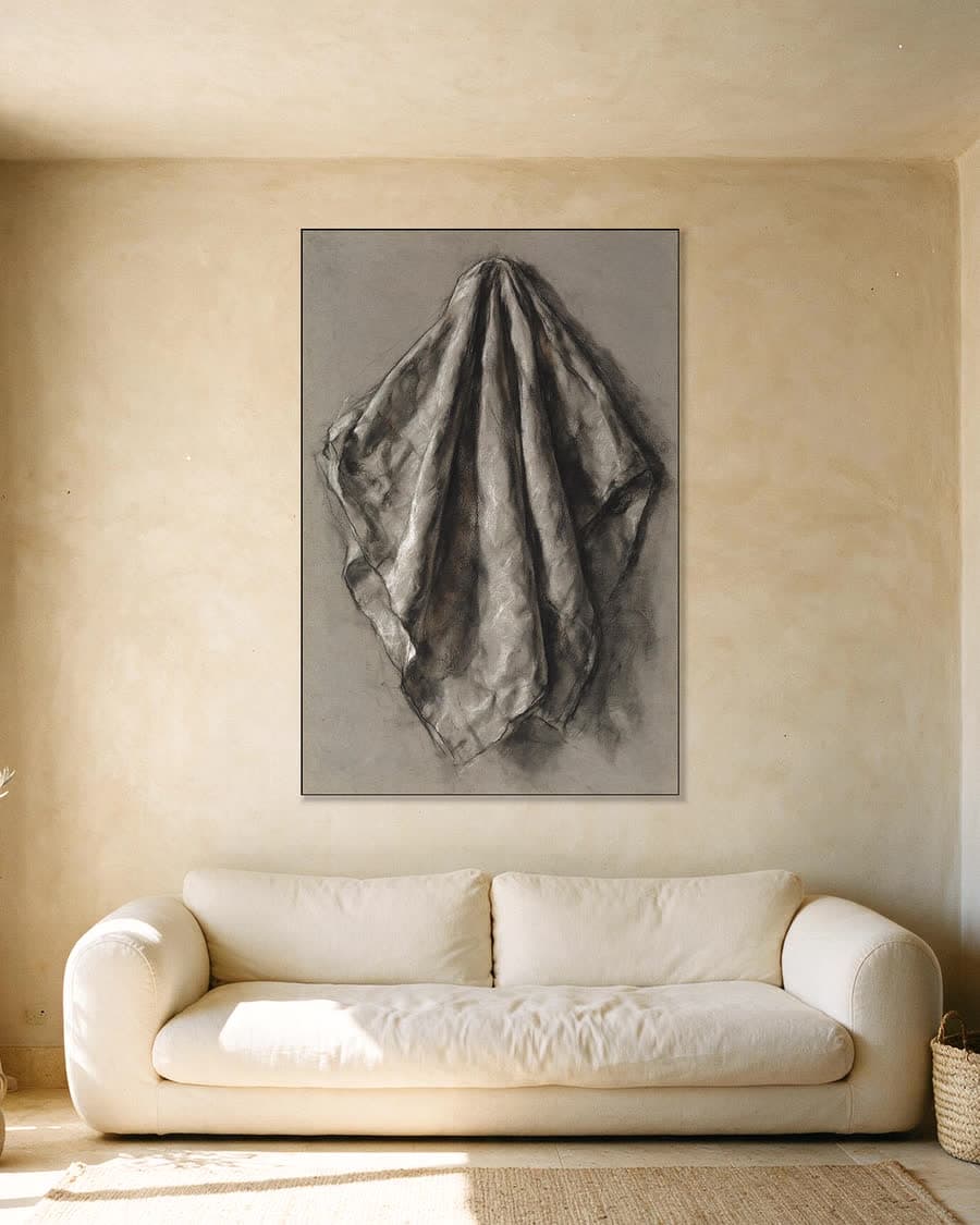 Draperie aan een punt in een aluminium frame aan dezelfde muur