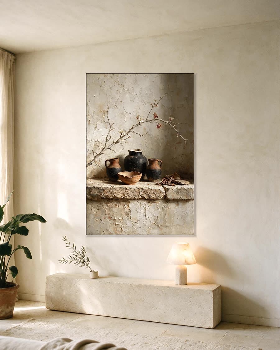 Bloesem over drie kruiken in een aluminium frame aan dezelfde muur