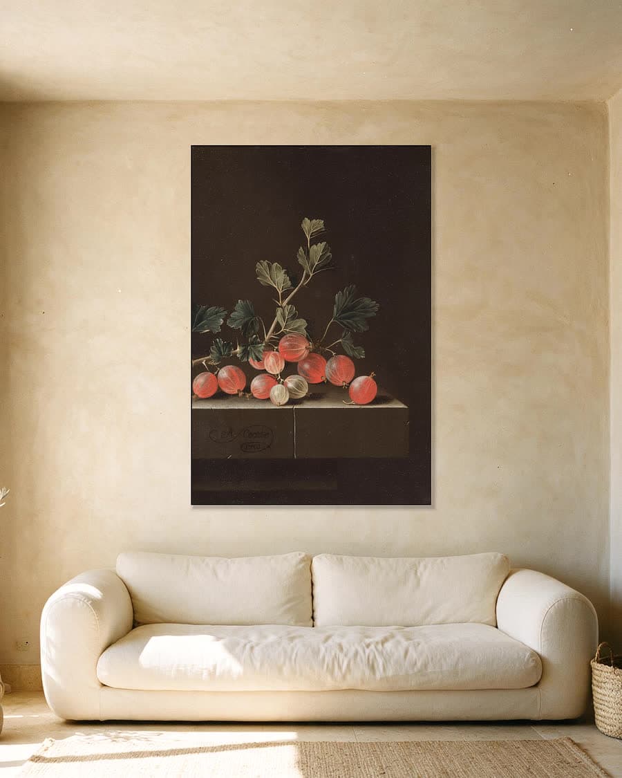 Kruisbessen op een tafel in een aluminium frame aan dezelfde muur