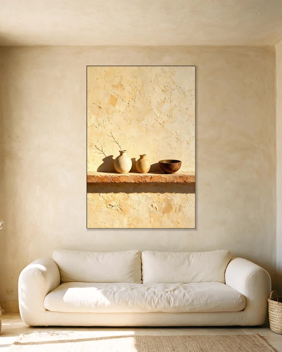 Drie potten en een schaduw in een aluminium frame aan dezelfde muur