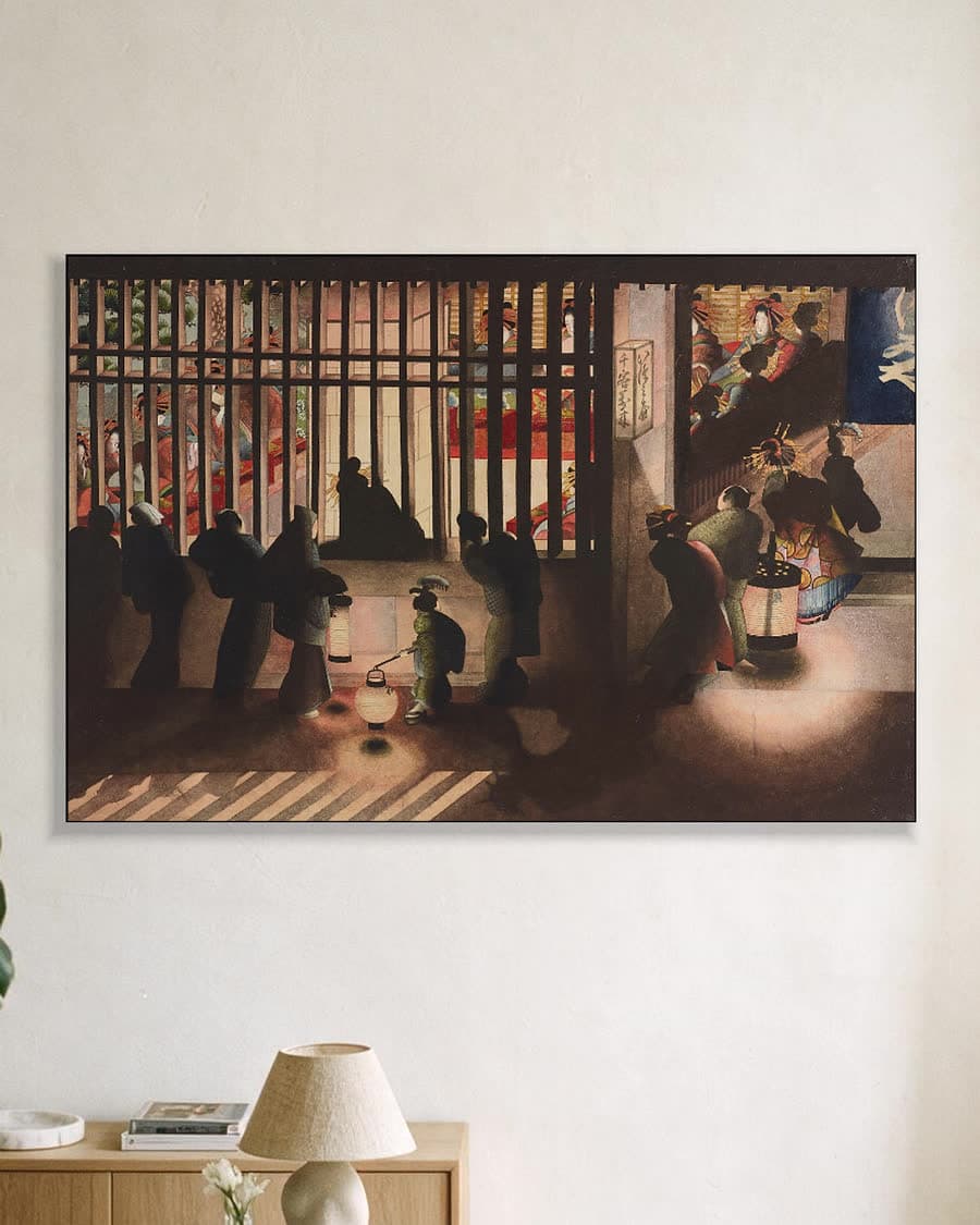 Nachtscène in Yoshiwara (ca. 1844-54) in een aluminium frame aan dezelfde muur