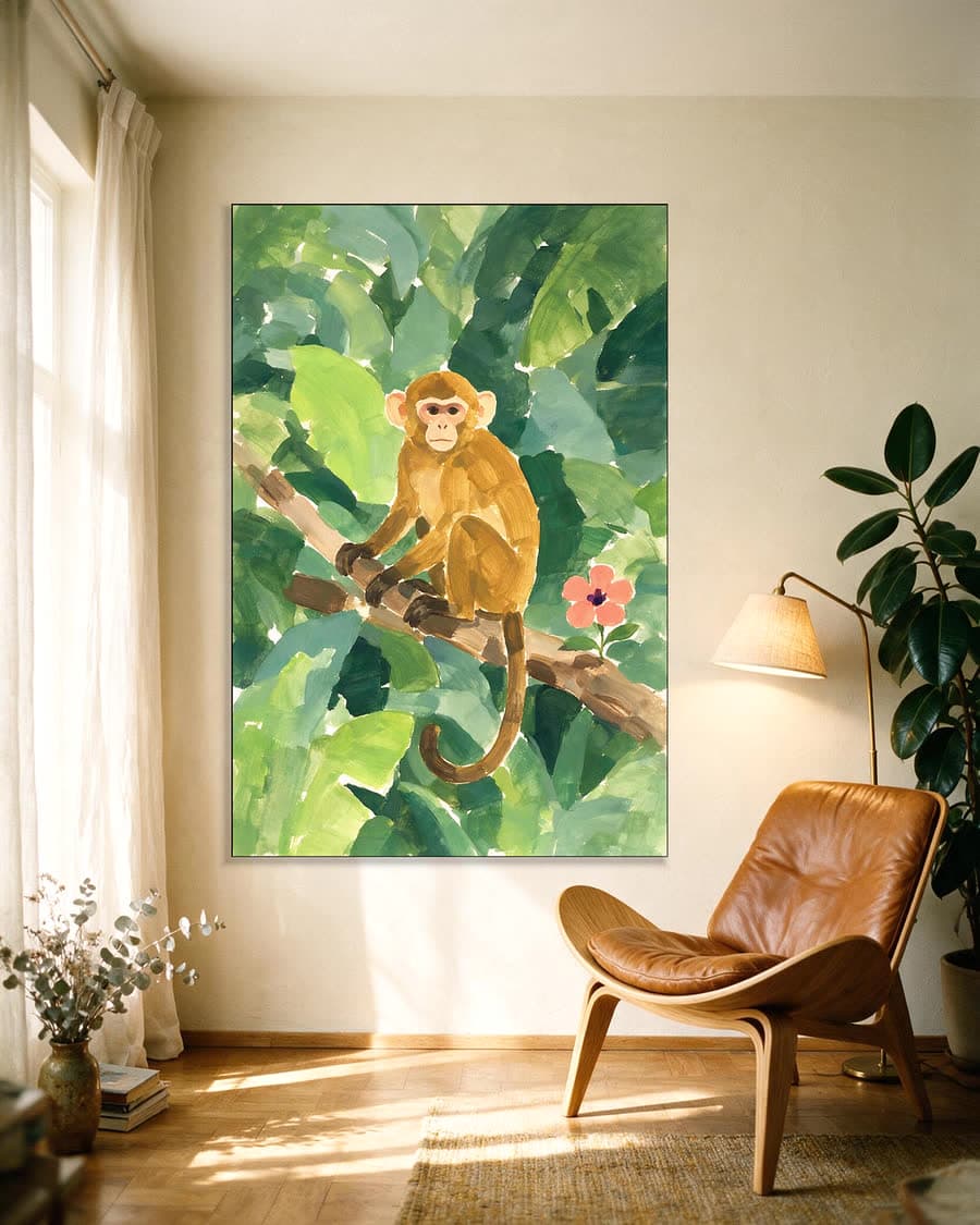Aapje op een tak in een aluminium frame aan dezelfde muur