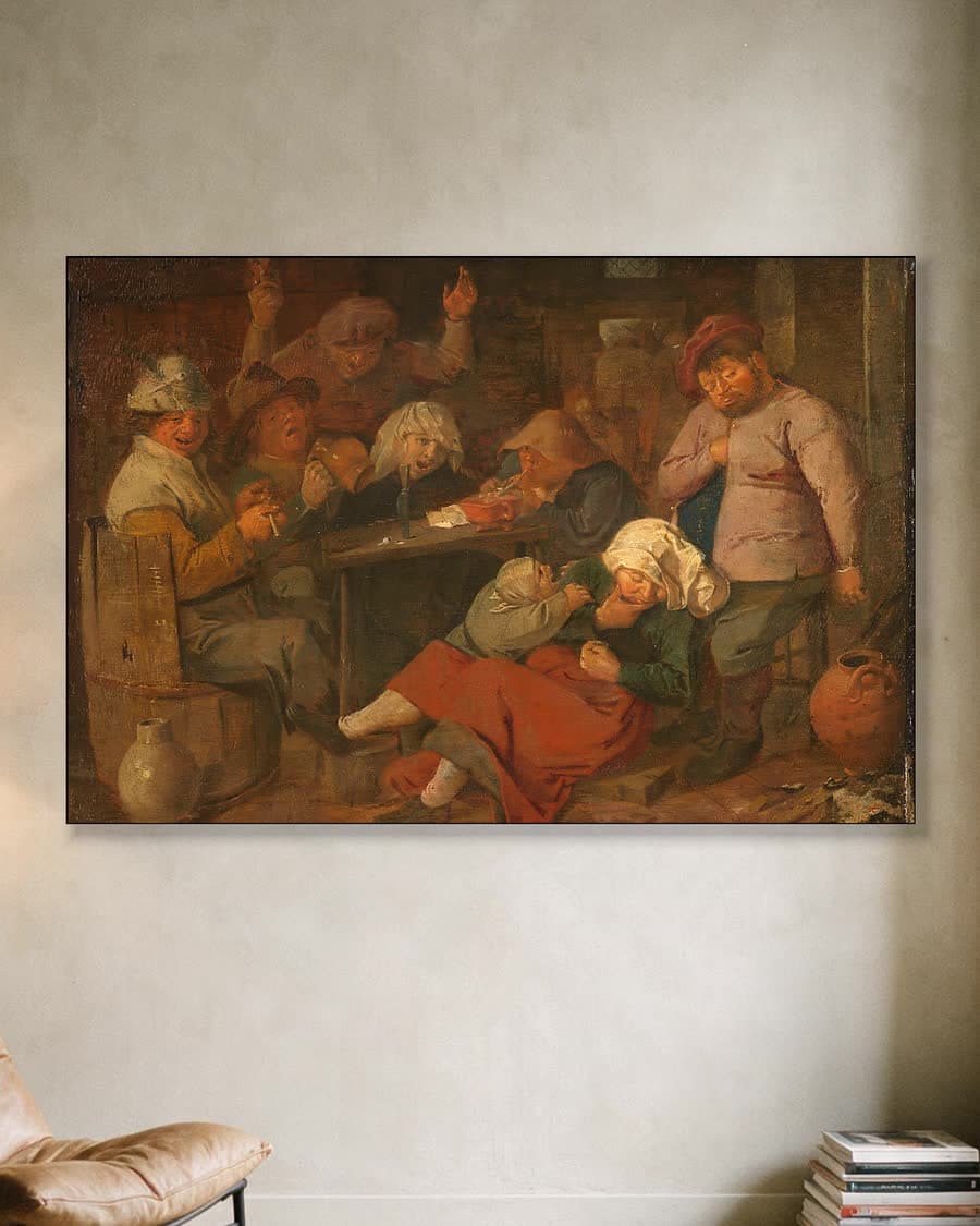 Drinkende armoedzaaiers in een herberg in een aluminium frame aan dezelfde muur