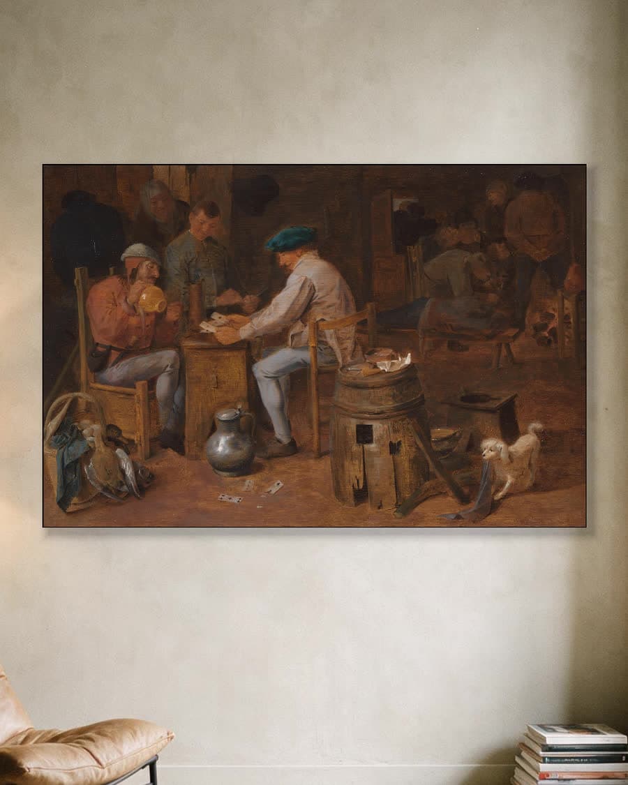 Kaartspelers en brassers in een herberg in een aluminium frame aan dezelfde muur