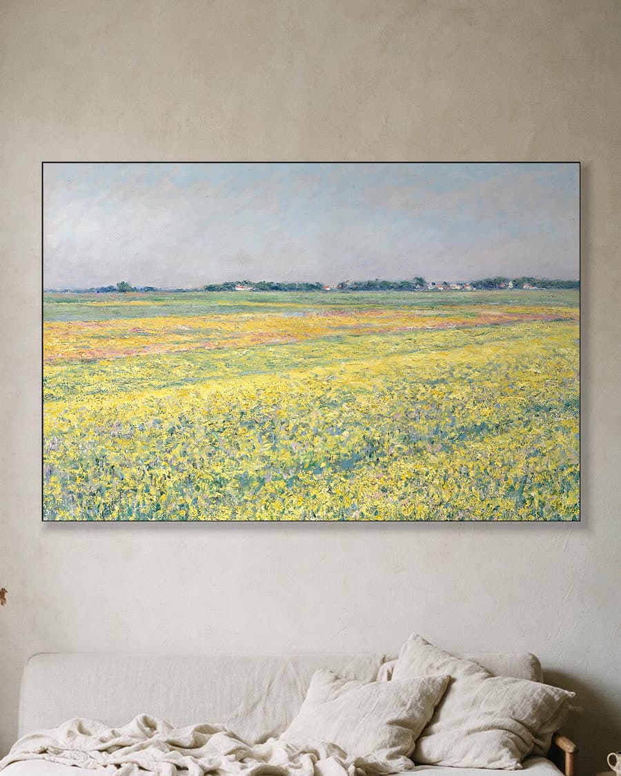 De vlakte van Gennevilliers, gele velden in een aluminium frame aan dezelfde muur