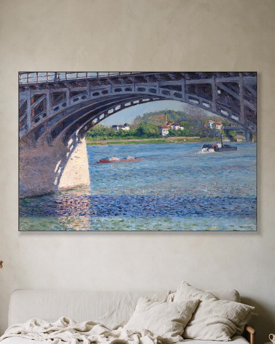De brug van Argenteuil en de Seine in een aluminium frame aan dezelfde muur