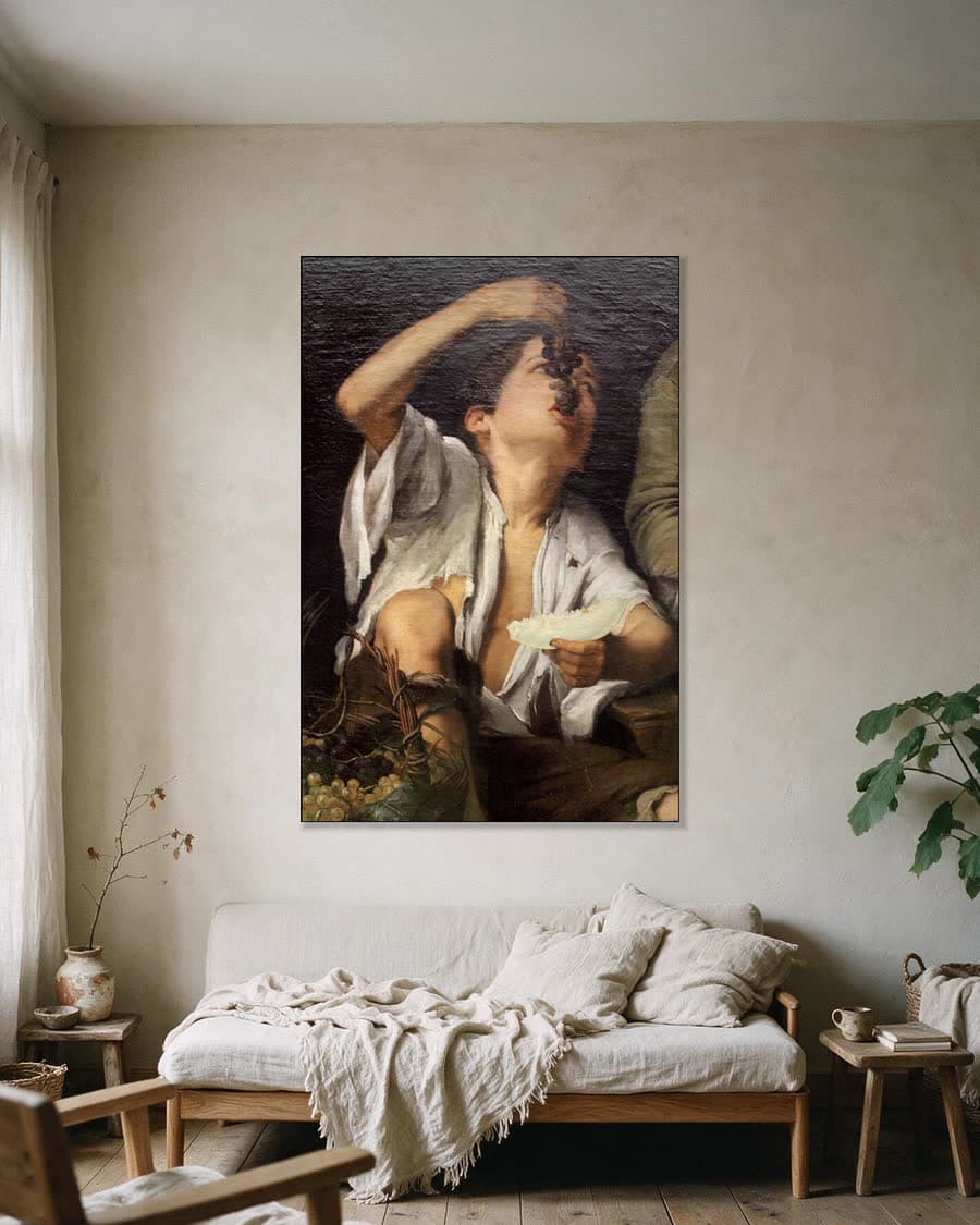 Druiven- en meloeneters in een aluminium frame aan dezelfde muur