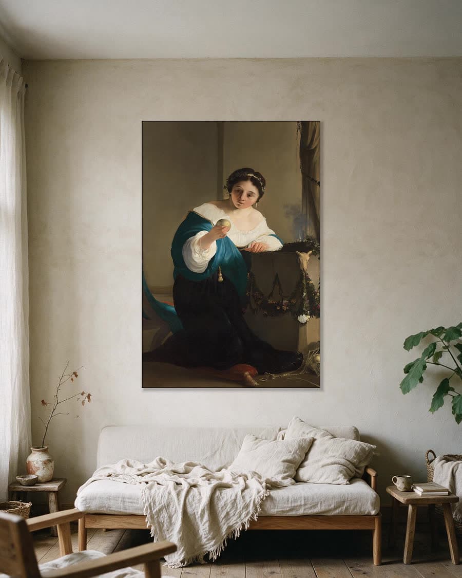Cydippe met de appel van Acontius in een aluminium frame aan dezelfde muur
