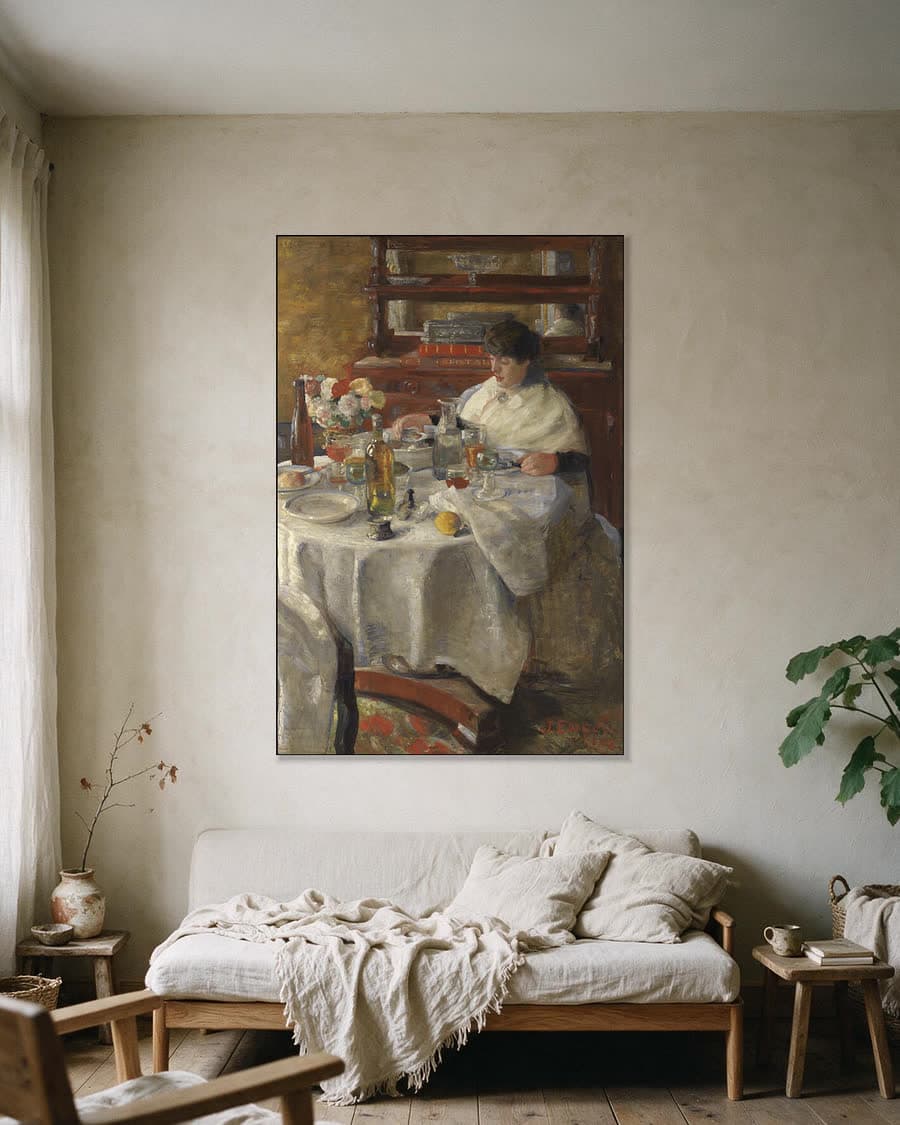 De oestereetster in een aluminium frame aan dezelfde muur