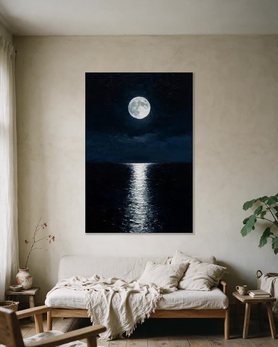 Maan boven het water in een aluminium frame aan dezelfde muur