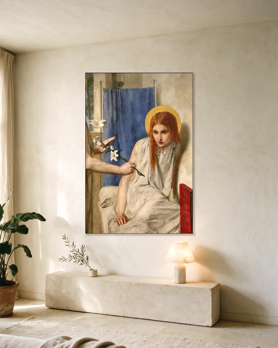 Ecce Ancilla Domini in een aluminium frame aan dezelfde muur