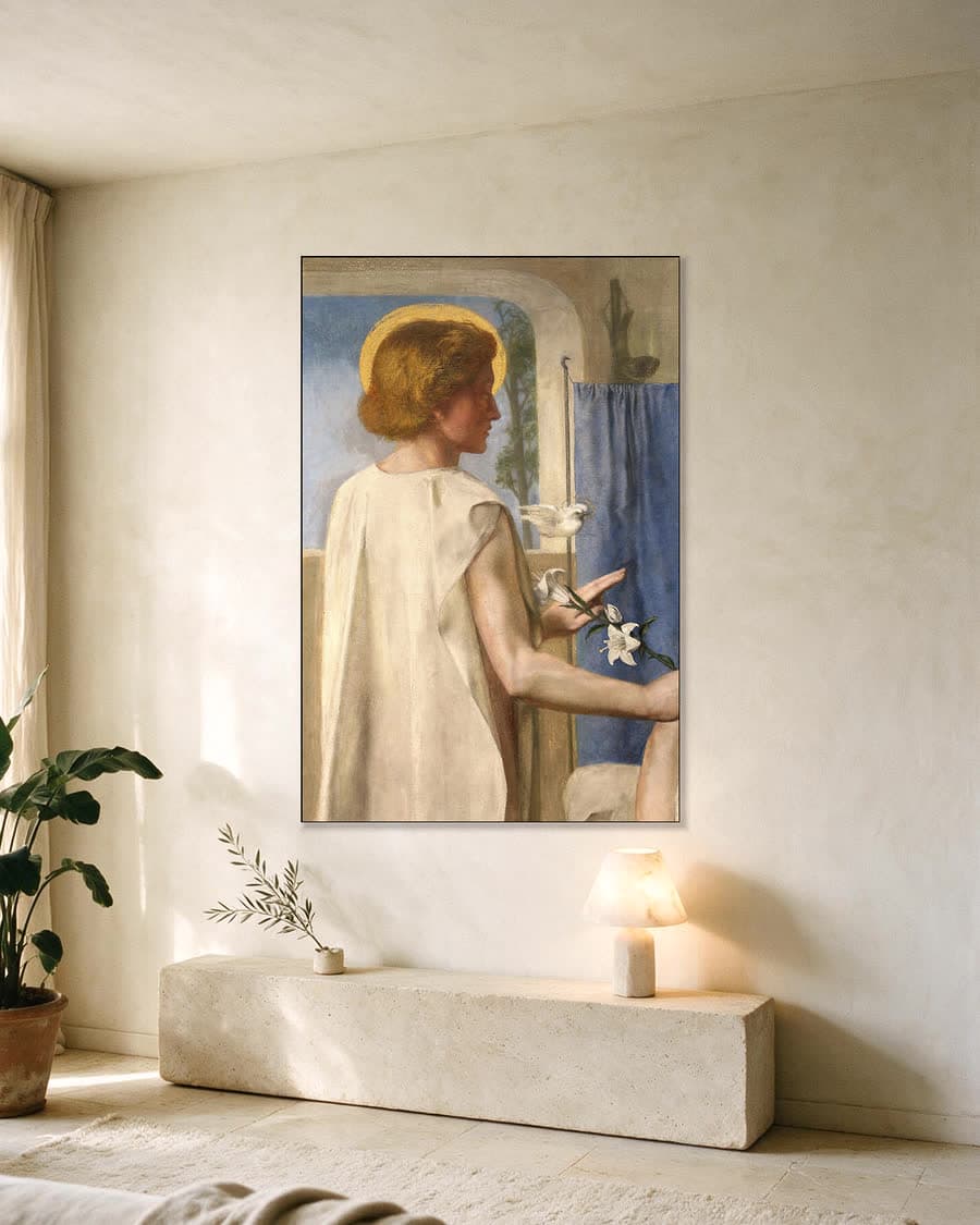 Ecce Ancilla Domini, de annunciatie in een aluminium frame aan dezelfde muur