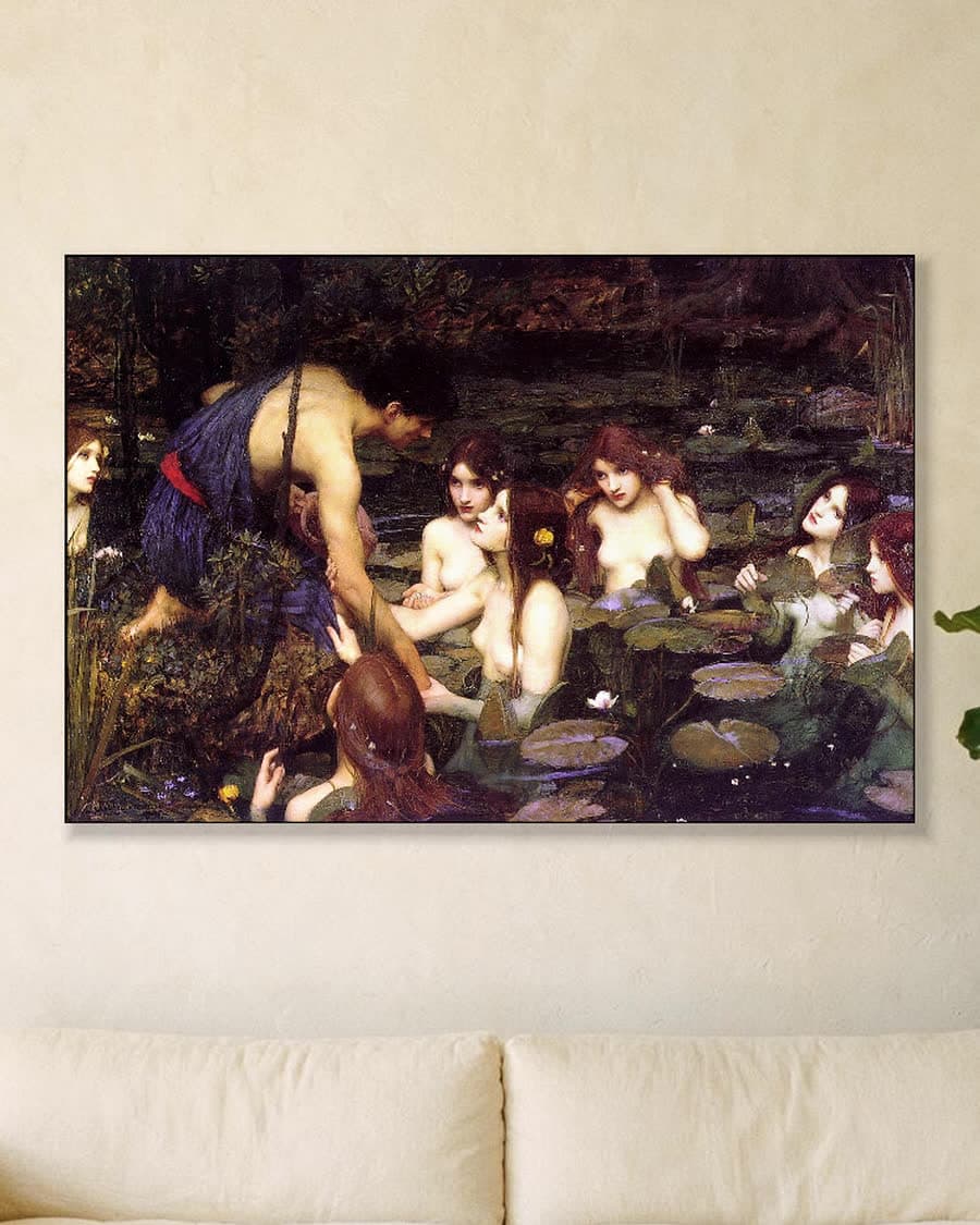 Hylas en de nimfen in een aluminium frame aan dezelfde muur