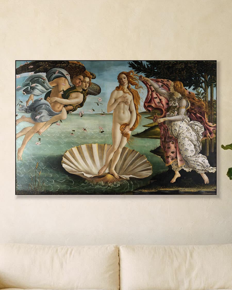 De geboorte van Venus in een aluminium frame aan dezelfde muur