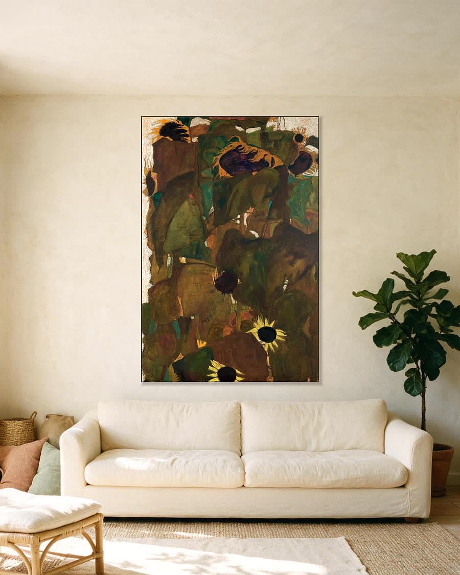 Zonnebloemen I in een aluminium frame aan dezelfde muur