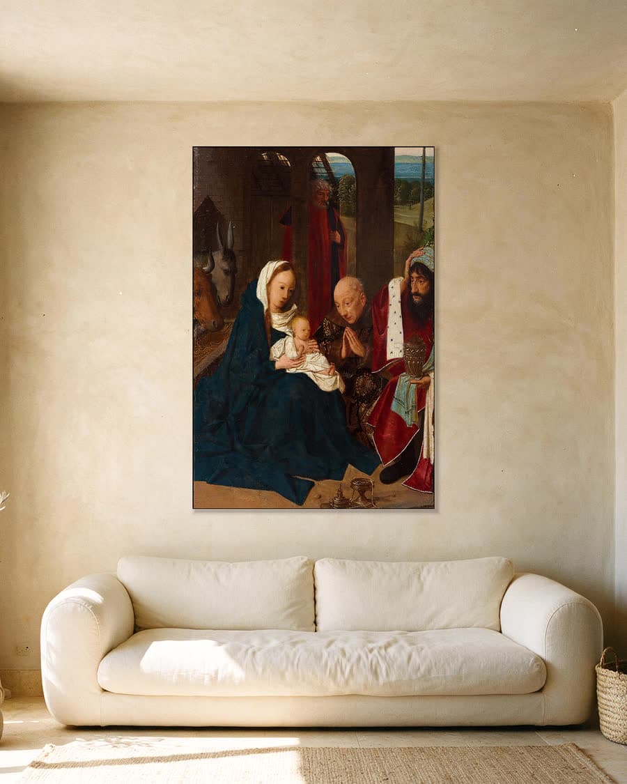De aanbidding der koningen in een aluminium frame aan dezelfde muur