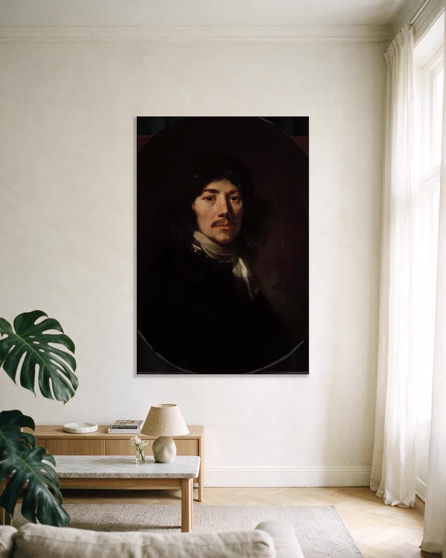 Borststuk van een man, mogelijk een zelfportret in een aluminium frame aan dezelfde muur