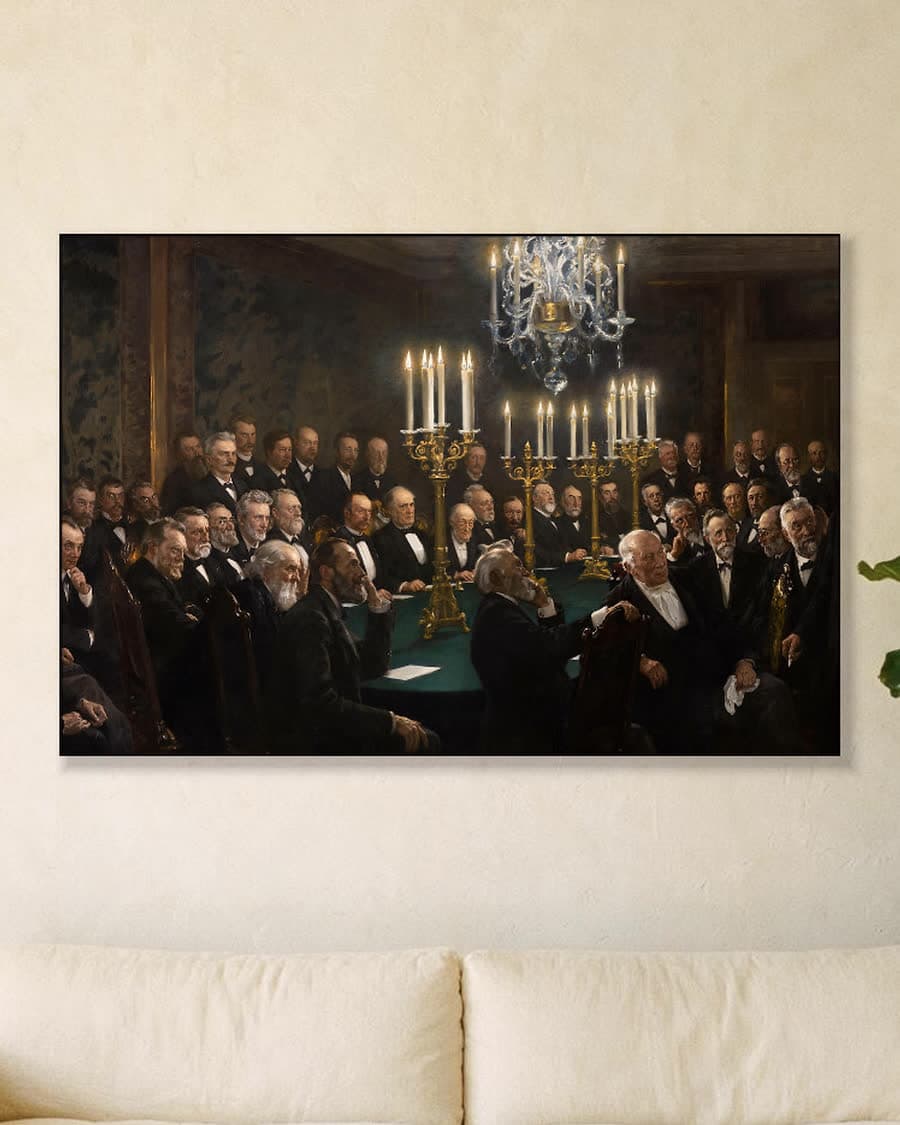 Een bijeenkomst van het Wetenschappelijk Genootschap in een aluminium frame aan dezelfde muur