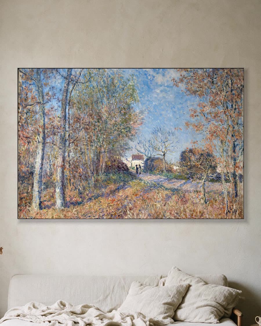 Een bospartij bij Les Sablons in een aluminium frame aan dezelfde muur