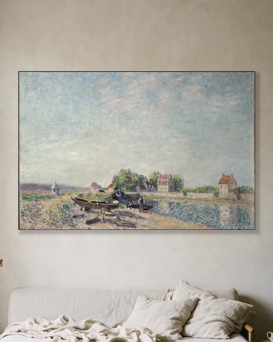 Saint-Mammès, het kanaal van de Loing in een aluminium frame aan dezelfde muur