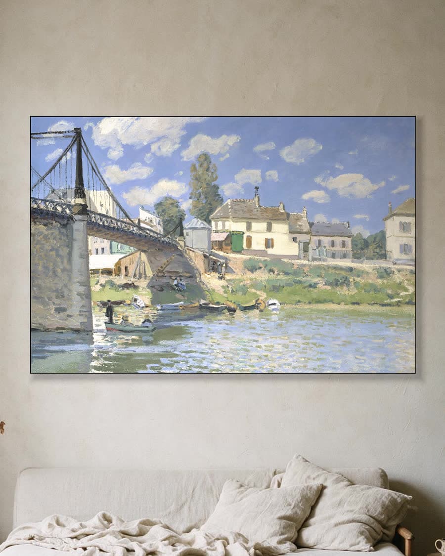 De brug bij Villeneuve-la-Garenne in een aluminium frame aan dezelfde muur
