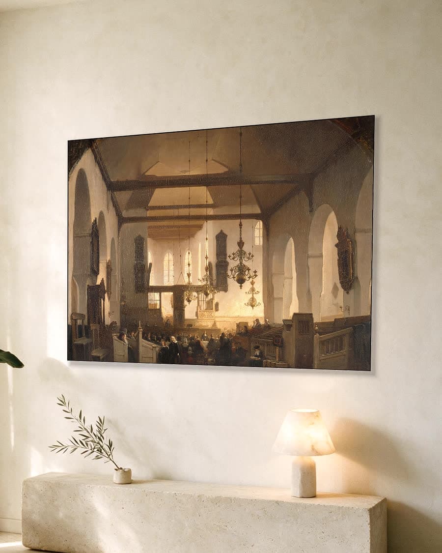 Een dienst in de Geertekerk, Utrecht in een aluminium frame aan dezelfde muur