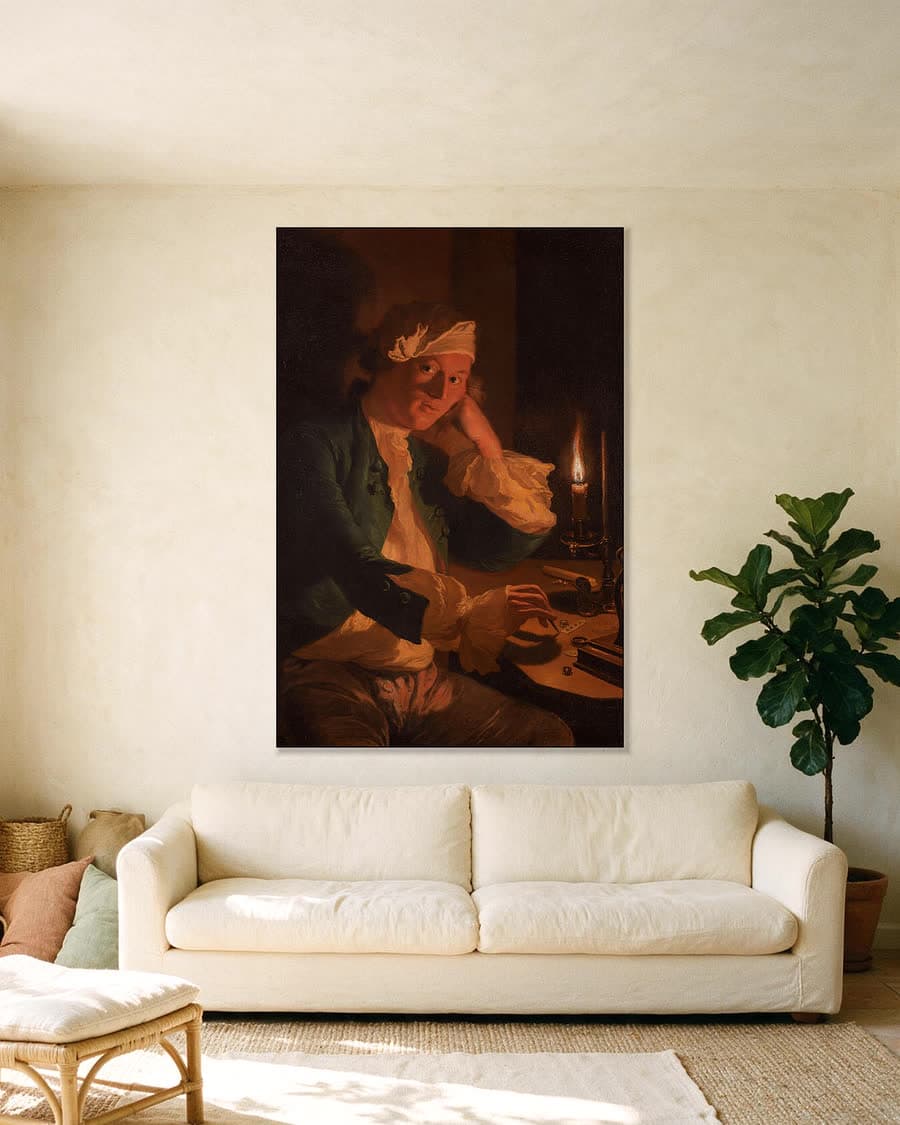 Een geleerde aan zijn bureau bij kaarslicht in een aluminium frame aan dezelfde muur
