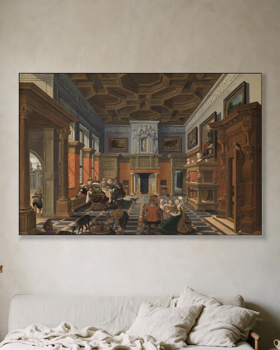 Een gezelschap in een interieur in een aluminium frame aan dezelfde muur