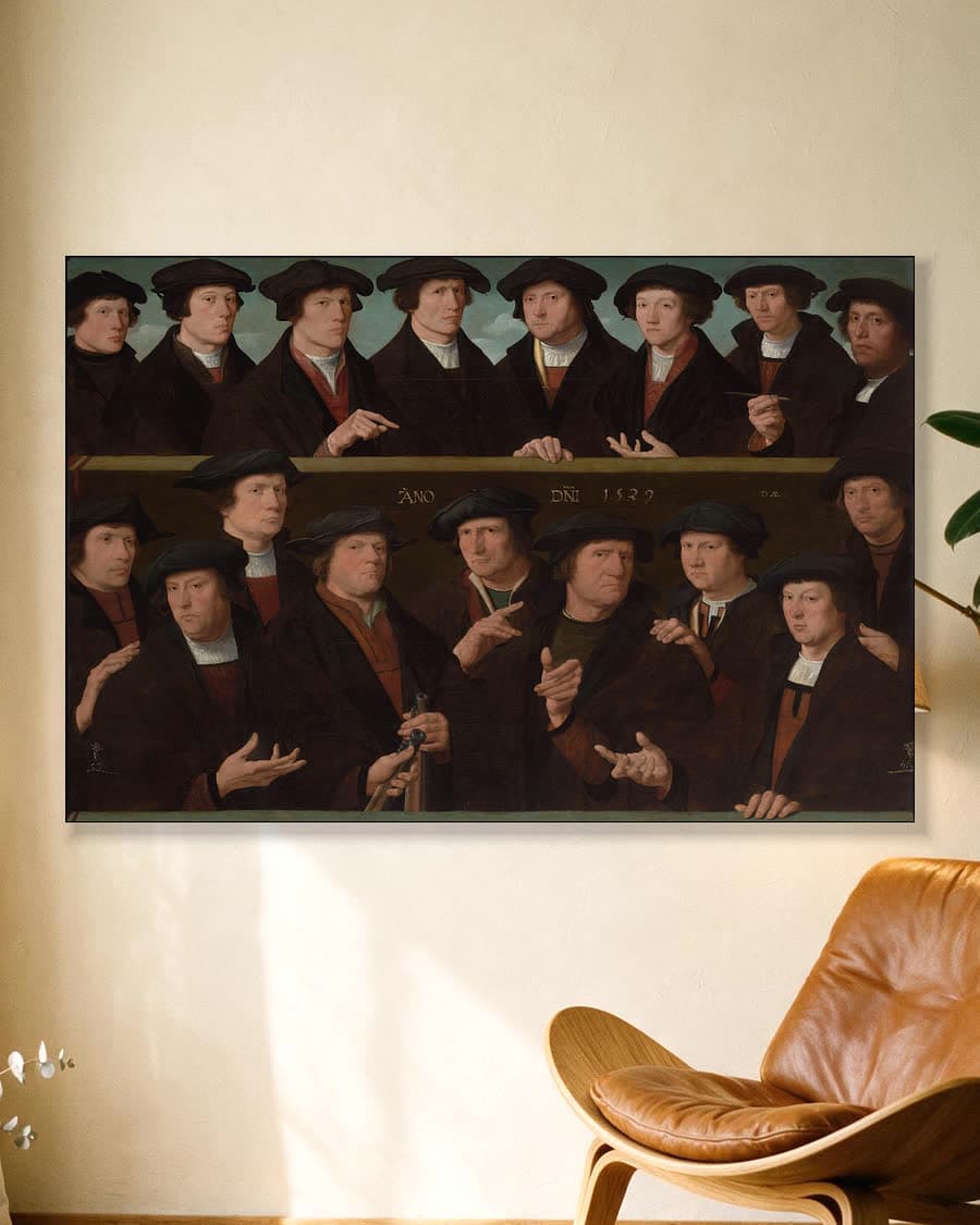 Een groep schutters, 1529 in een aluminium frame aan dezelfde muur