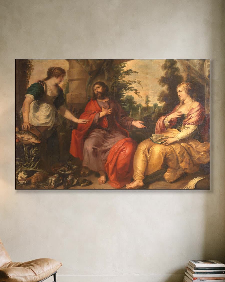 Christus bij Martha en Maria in een aluminium frame aan dezelfde muur
