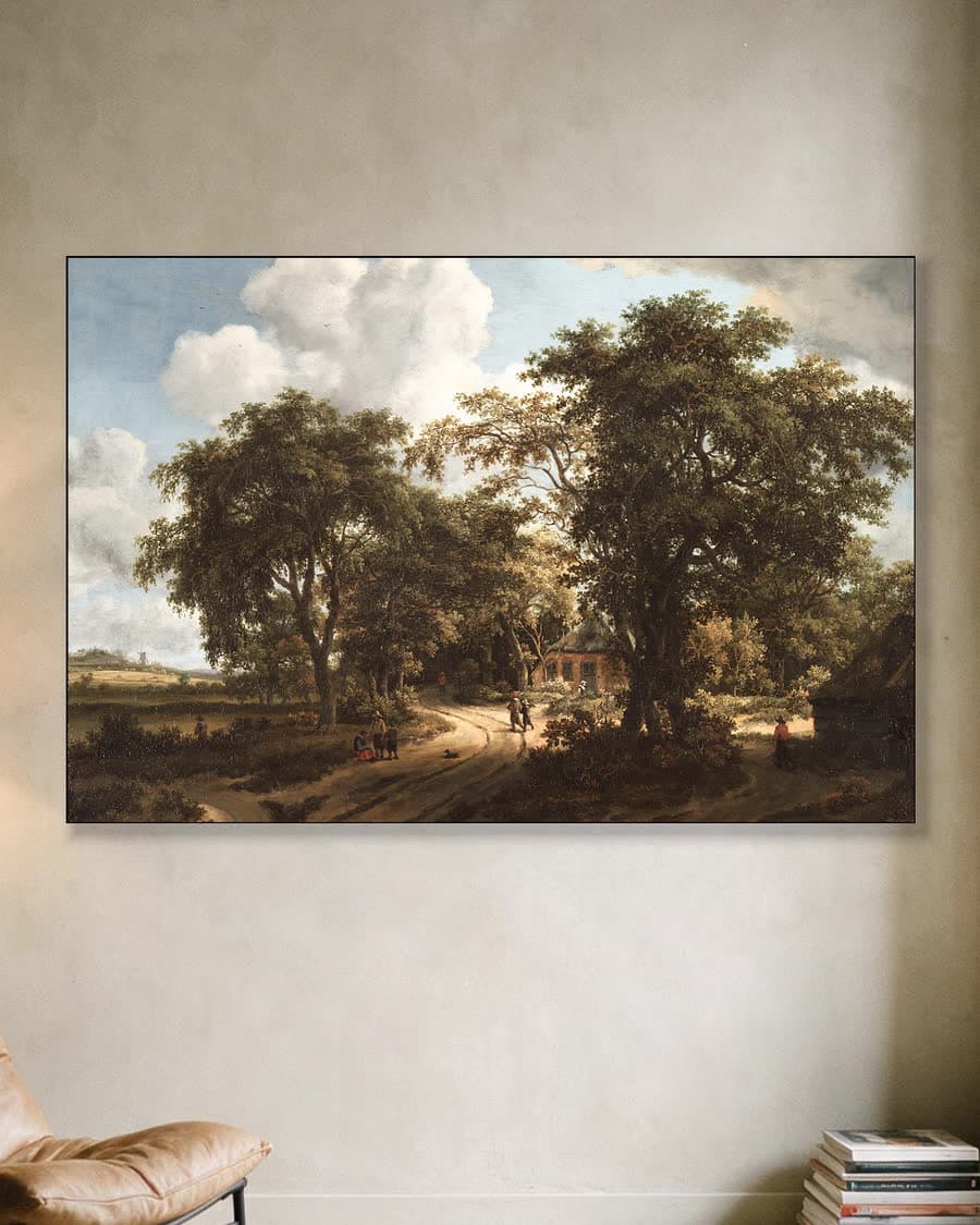 Een huisje in het bos in een aluminium frame aan dezelfde muur