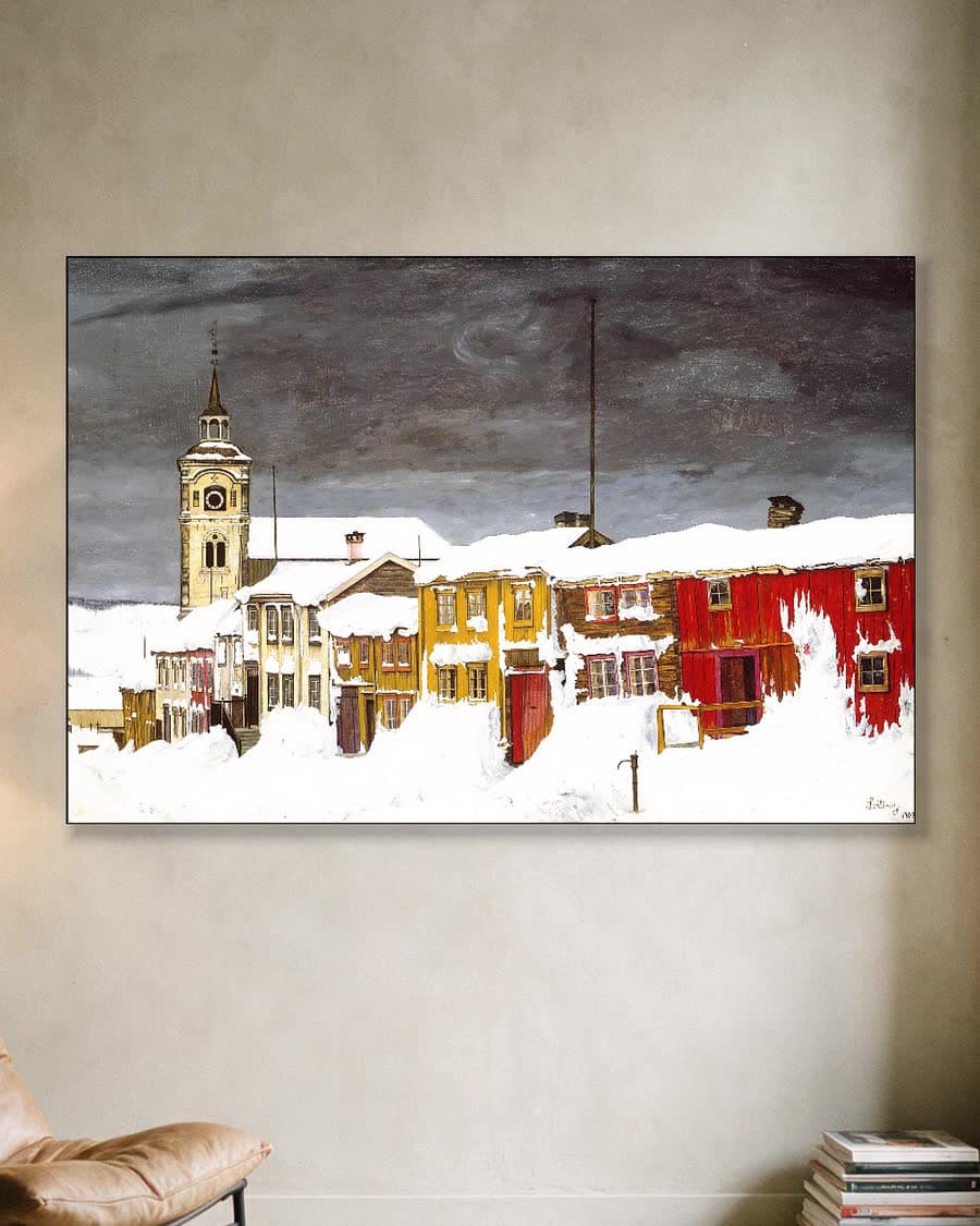 Kleurrijk winterdorp in een aluminium frame aan dezelfde muur