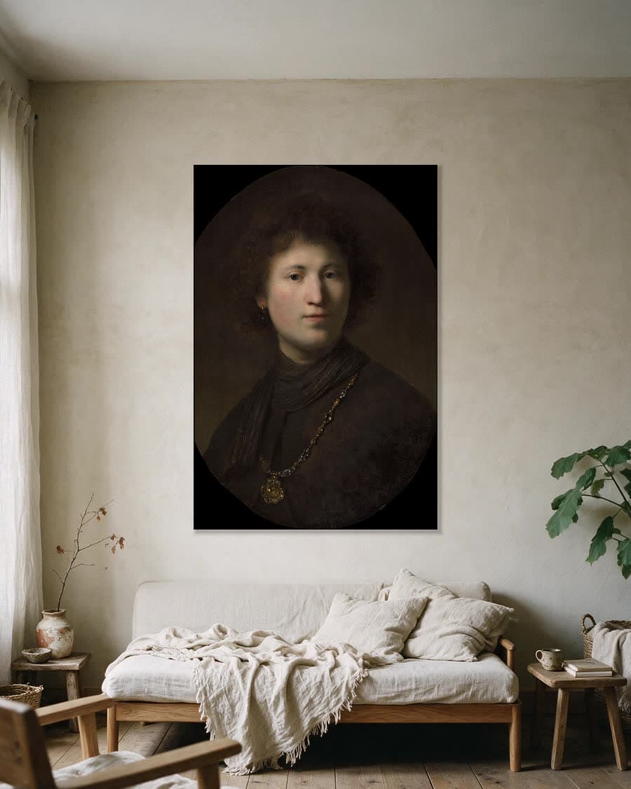 Een jongeman met een ketting in een aluminium frame aan dezelfde muur