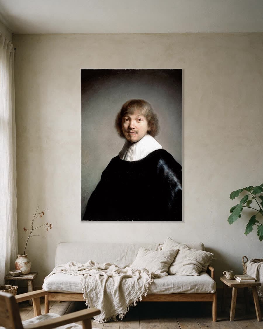 Portret van Jacob de Gheyn III in een aluminium frame aan dezelfde muur