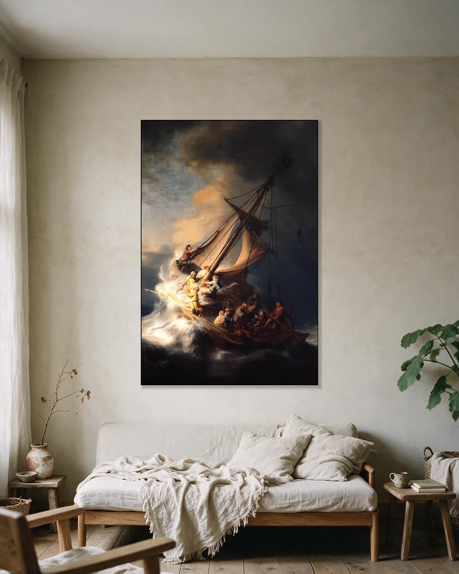 De storm op het meer van Galilea in een aluminium frame aan dezelfde muur