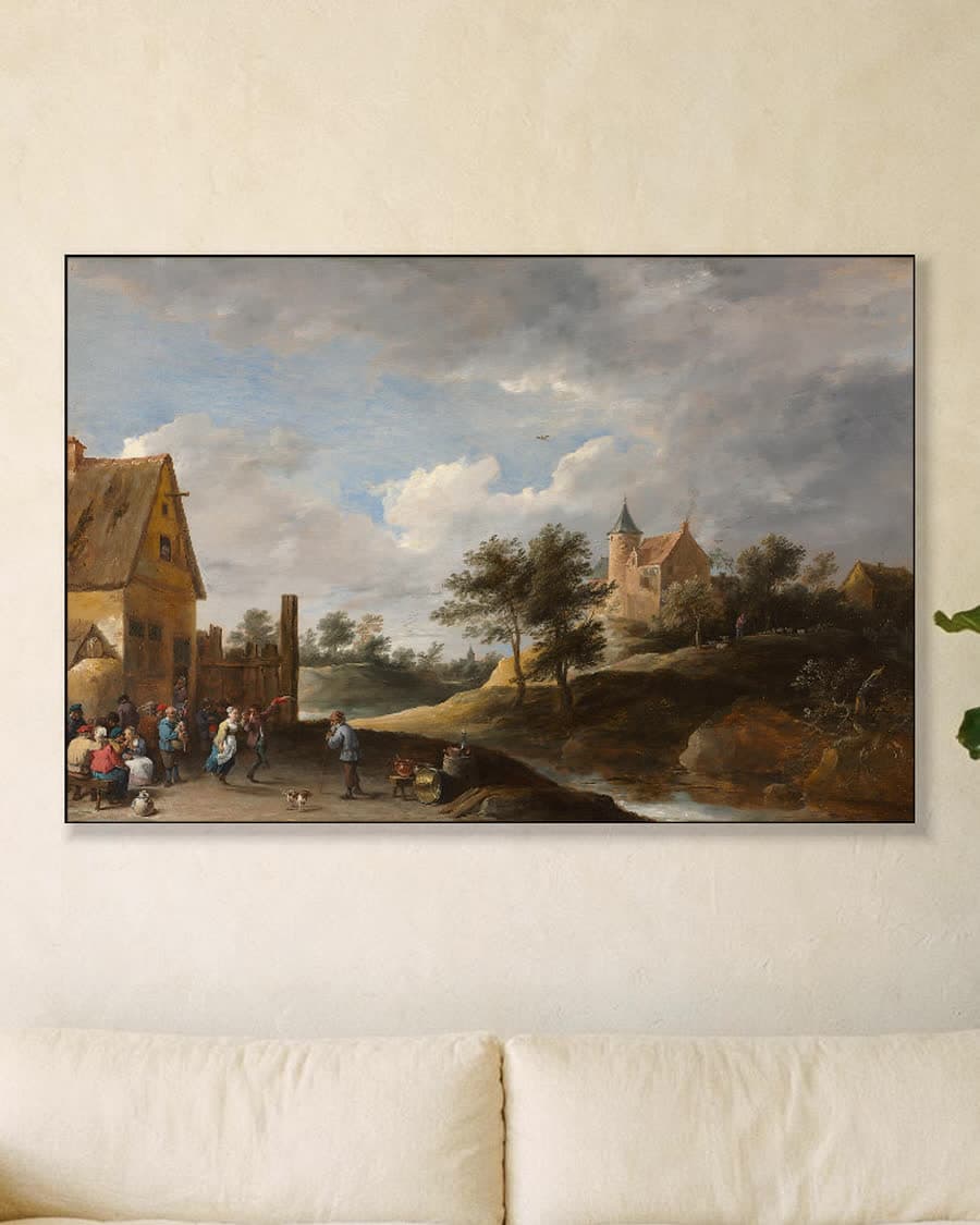Landschap met dansende boeren in een aluminium frame aan dezelfde muur