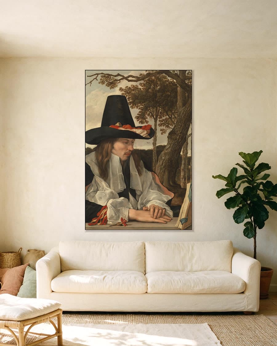 Een lezende man in een aluminium frame aan dezelfde muur