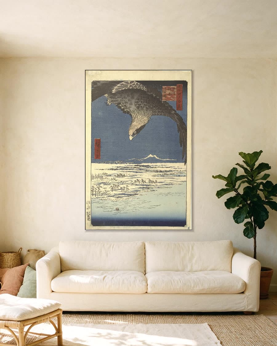 Adelaar boven Fukagawa in een aluminium frame aan dezelfde muur