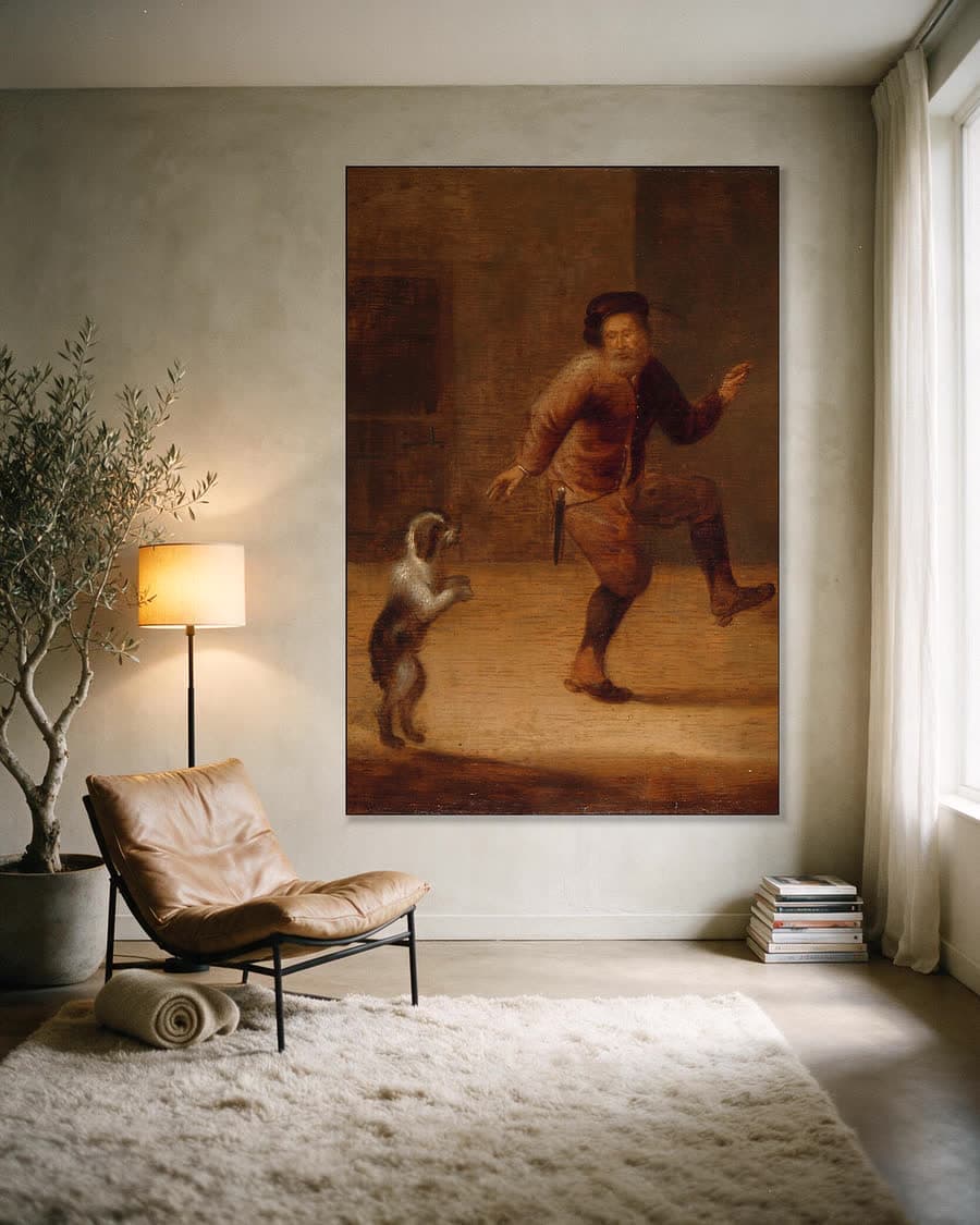 Een man dansend met een hond in een aluminium frame aan dezelfde muur