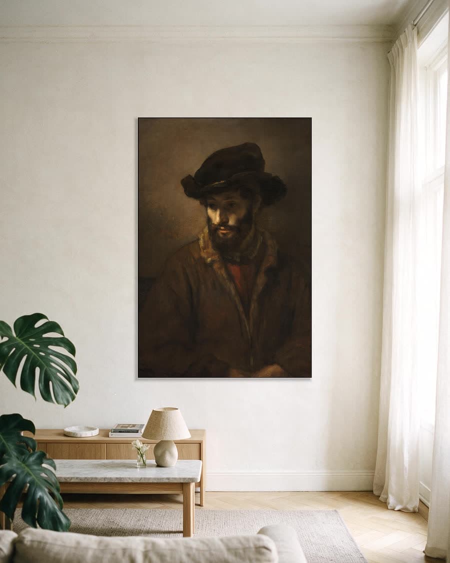 Een man met baard en hoed in een aluminium frame aan dezelfde muur