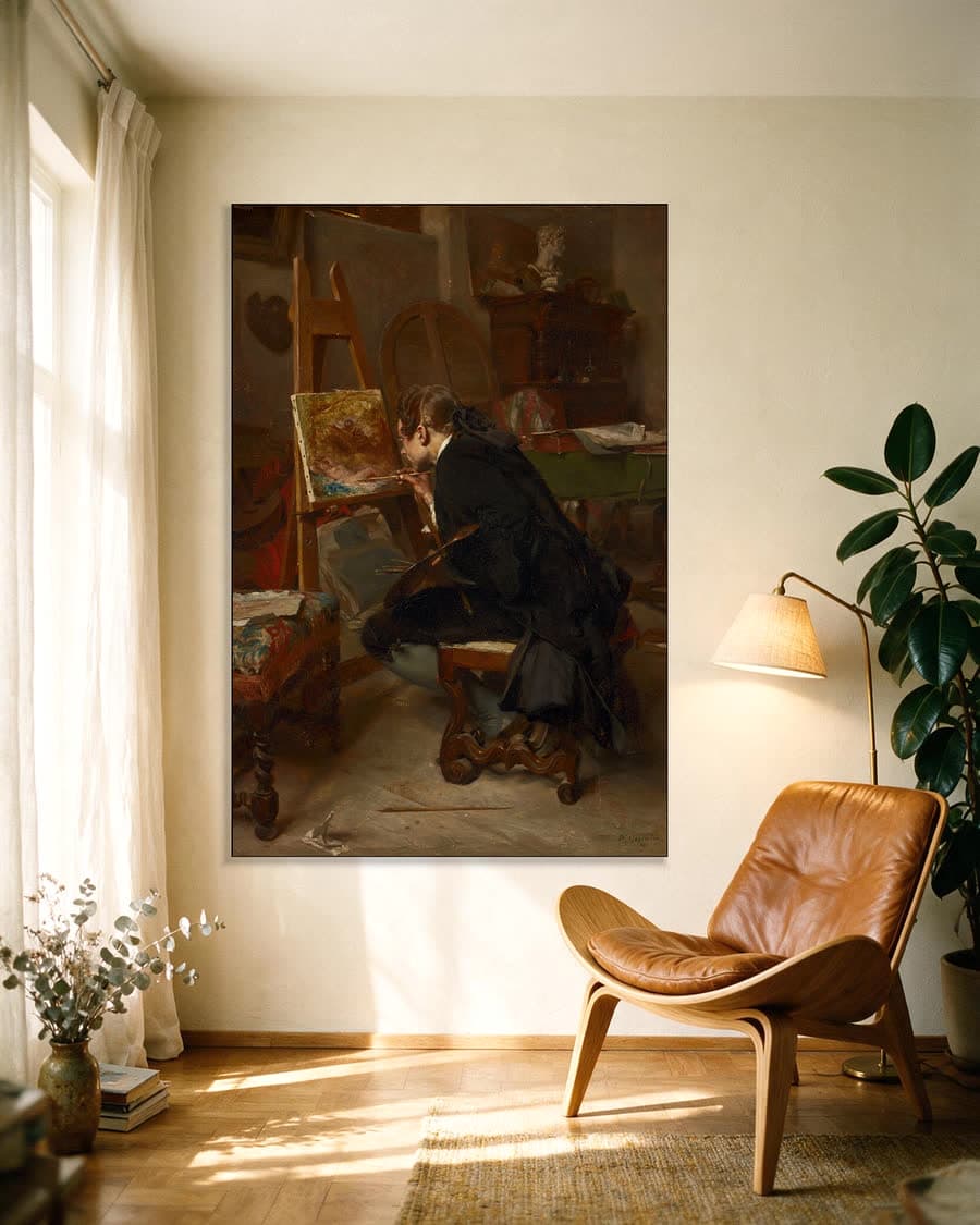 Een schilder in een aluminium frame aan dezelfde muur